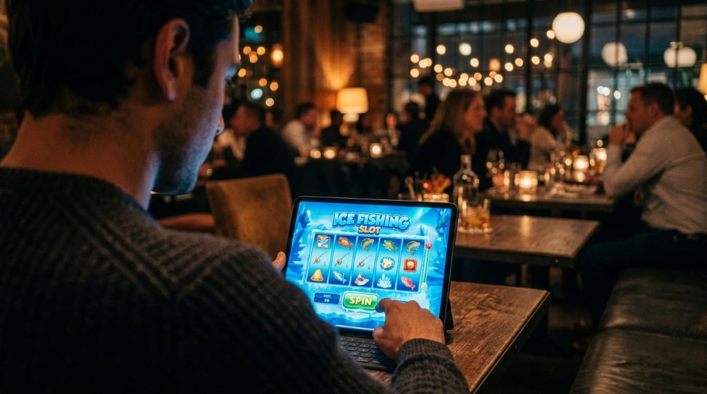 Persona jugando Ice Fishing en tablet en un entorno cotidiano